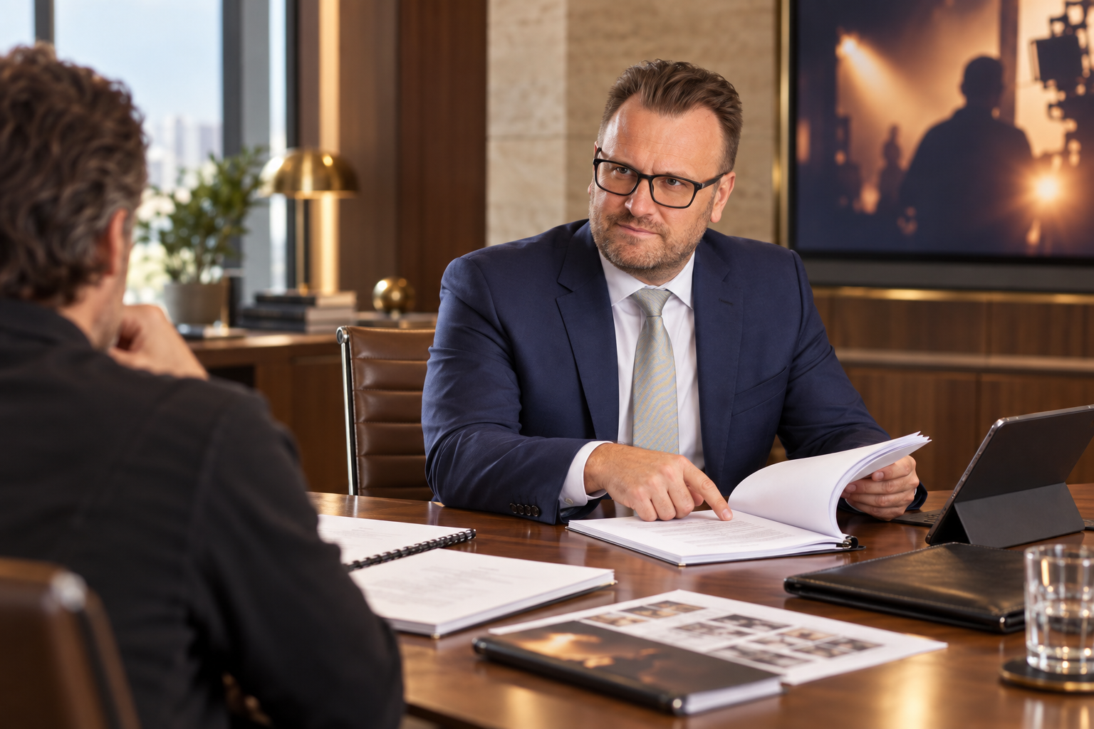 The Private Firm attorney reviewing film rights and production documents