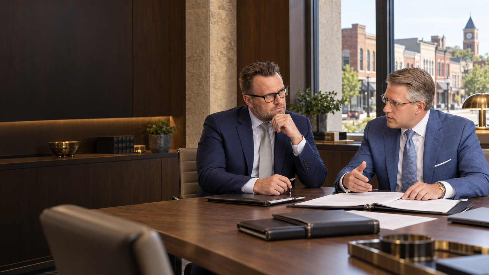 The Private Firm attorneys discussing transaction documents in a Rochester office